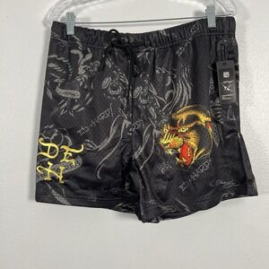 Ed Hardy Graphic Print Mesh Shorts Black Drawstring Lounge Casual